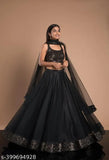 Black velvet lehenga Choli set with net dupatta, embellished top and solid dupatta, semi-stitched Indian traditional wear