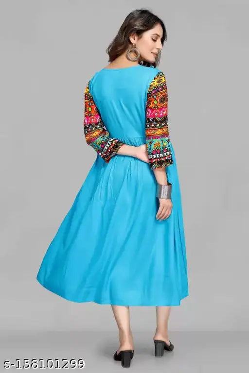 Women's Rayon Stitched Flared/A-line Kurta, vibrant print, suitable for festive occasions