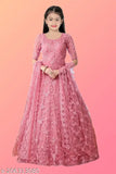 Blue net embroidered gown with thread work for kids, intricately patterned Indian children's fashion