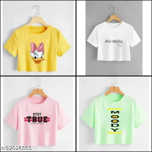 Pink script combo pack of 4 premium cotton t-shirts for women, short sleeve, printed design, size S-XL, India-made