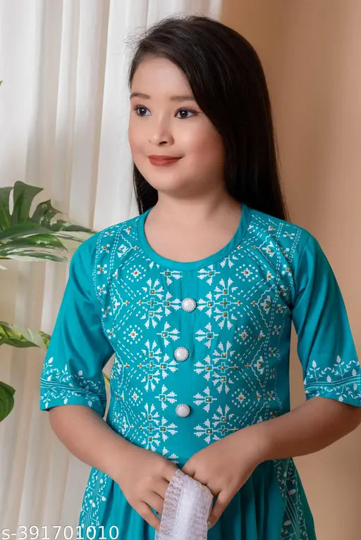 Embroidered rayon palazzo sets for girls in naira print, size 1-2 years to 9-10 years. Indian-made, high-quality kids' clothing with three-quarter sleeves
