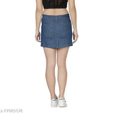 Medium blue denim mini skirt, solid pattern with paneled detailing and slit at back, perfect for casual outfits