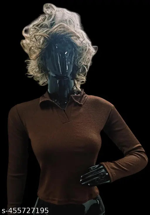 Stylish full sleeve cotton blend rib t-shirt for women - solid design, long sleeves, size S (34in bust, 17in length)