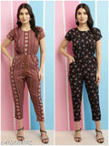 Rayon printed jumpsuit combo for women and girl with self-design net pattern, short sleeves, India origin