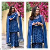 Blue printed flared kurta sharara with chiffon dupatta set, rayon fabric, three-quarter sleeves, Indian women's fashion