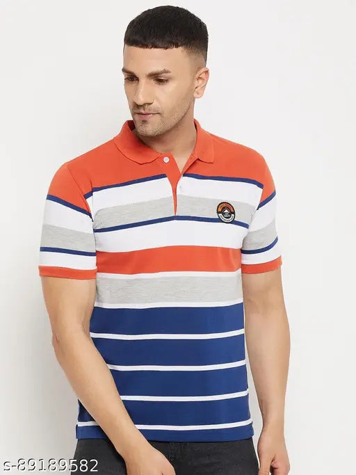 Rust embroidered cotton blend half sleeve polo t-shirt for men, colorblock design, made in India