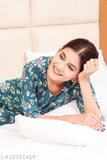 Teal printed cotton nightsuit for ladies, perfect for relaxing sleepwear set. Made in India, easy-to-wash with color retention