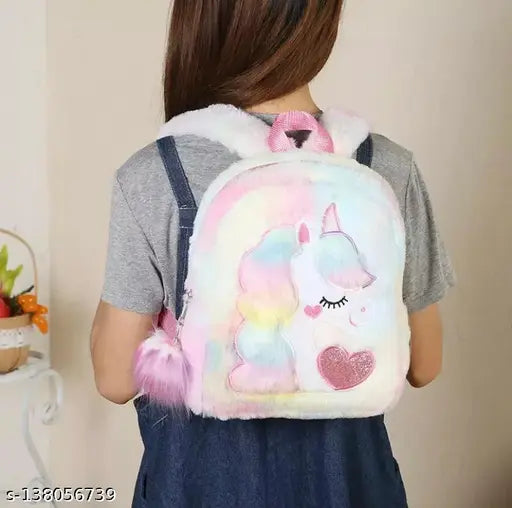 Multi-color synthetic mesh unicorn backpack for kids. Soft plush exterior, polyester interior, adjustable straps, and zipper closure. Ideal for school, travel, or outdoor activities." (107 characters)