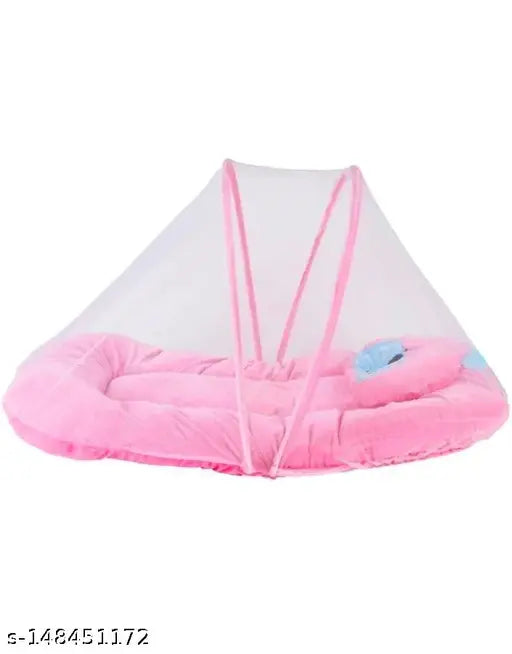 Pink cotton Venton Fibre kids washable mosquito net (Pink, Bed Box), ideal for mild winter. Attractive animal print, breathable mesh for air flow and clear view. Includes one head pillow with heart-shaped design. Safety and comfort for newborns up to 6 months. Made in India