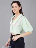 Mint green stretchable georgette long-collared contrast lace cotton crop shirt top, three-quarter sleeves, solid pattern. XS (Bust 32 in, Length 26 in), from Jakanary's Indian collection