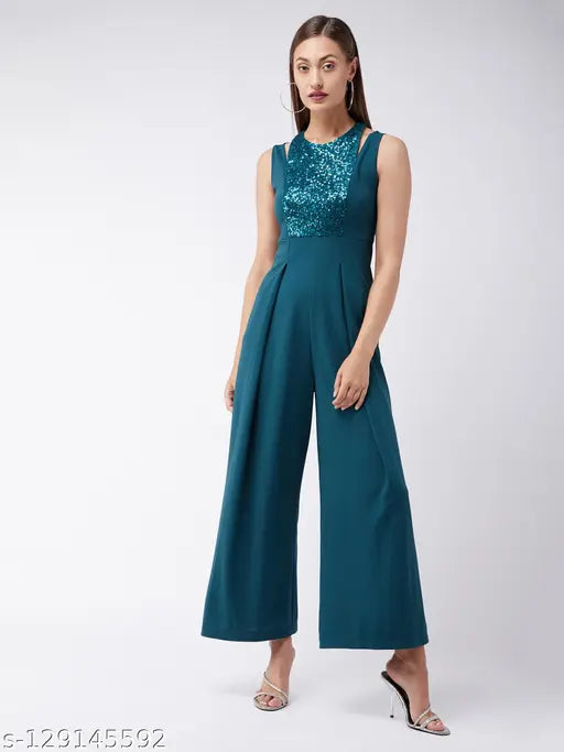 Green polyester Miss Chase women's solid halter neck jumpsuit, sleeveless, sequin embellished, wide leg, cut-out shoulder, deep v backline, India origin