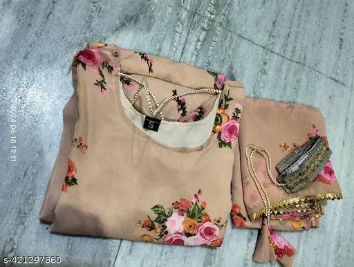 Georgette Blue Floral Printed Party Gown with Dupatta, embellished with embroidery and sequence, multiple sizes available