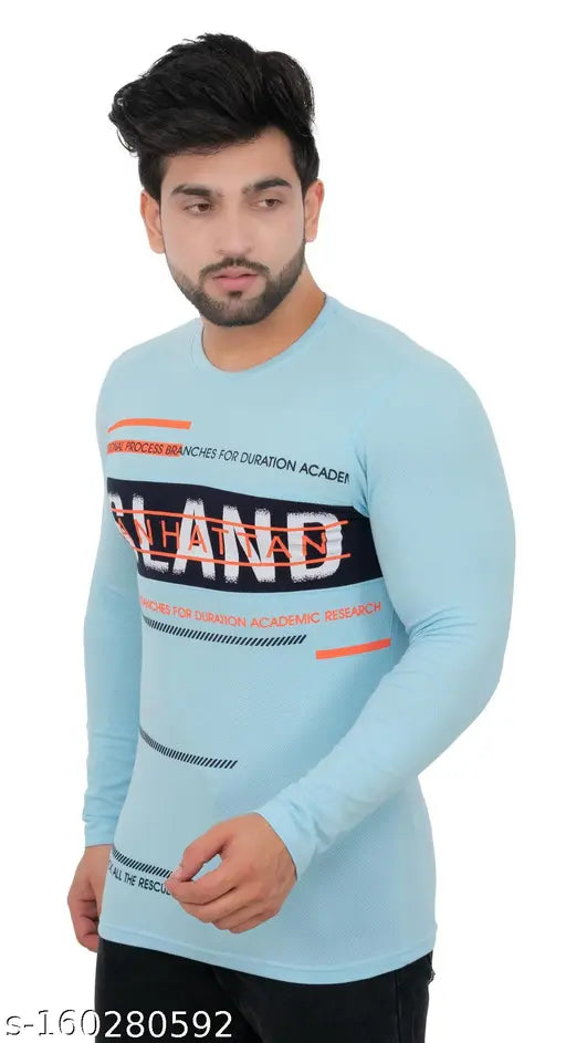 Cotton blend Lycra full sleeve printed men's t-shirt, semi-winter casual wear in trendy design, India origin