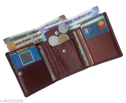 Brown genuine leather RFID wallet with 5 compartments for men and women, offering style, security, and functionality