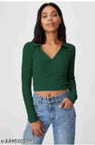 Lycra full sleeves color top for women and girls - Solid design, available in sizes S (32in bust, 17in length) & L (36in bust, 19in length)
