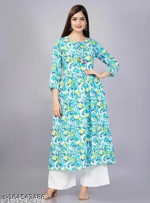 Rayon Anarkali49sky kurta set with palazzos, three-quarter sleeves, printed net pattern. Single size available for S-XXL. High-quality Indian-made clothing at a great value