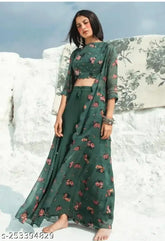 Green Georgette embroidered Anarkali Kurta with three-quarter sleeves, office wear for girls (size S)