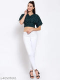 Green white polka dot printed crepe regular crop top by Style Quotient - Polyester, short sleeves, M (bust 36in, length 18in), L (bust 39in, length 19in)