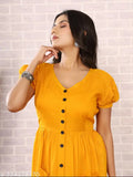 Mustard Rayon Slub Kurta with front open style, trendy bell sleeves & high-low hem - Indian fashion