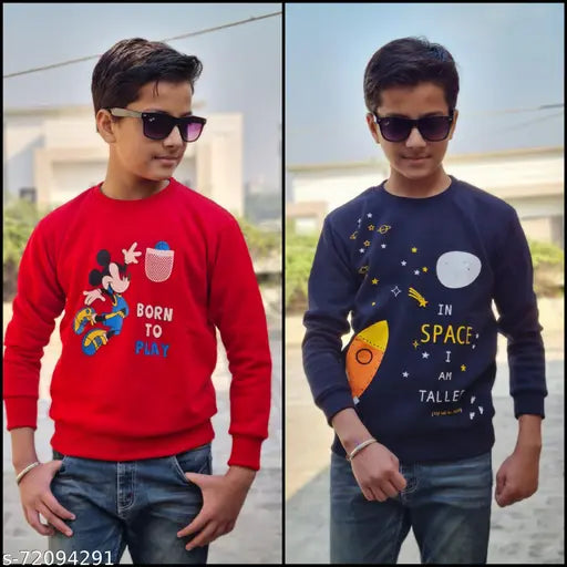Boys winter fleece round neck sweatshirts (pack of 2) - cotton blend, printed design for chilly seasons