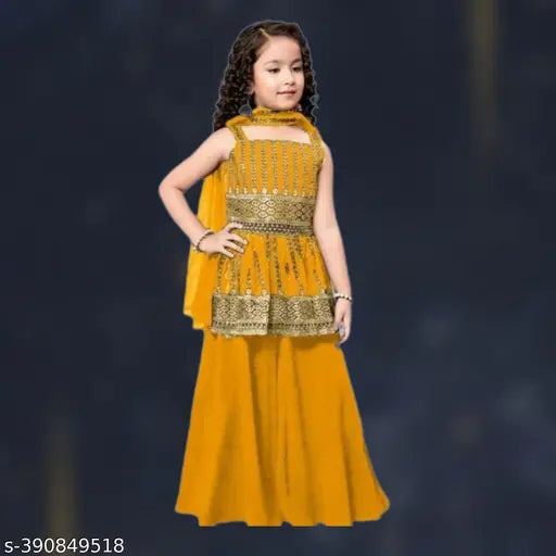 Crepe dupatta Parrot Mustard sharara, vibrant yellow Indian outfit for kids aged 2-11 years