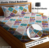 Glace cotton, king size fitted double bedsheet with 2 pillow covers - geometric print, 72 x 78, suitable for summer