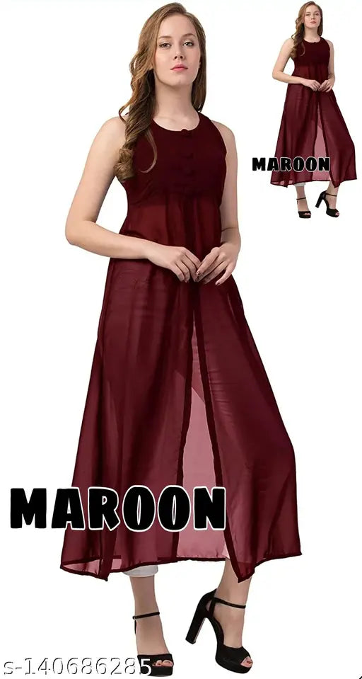 Sleeveless net kurti, trendy women's solid color outfit, Indian fashion