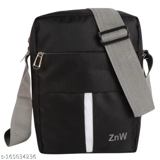 Black polyester cross body sling bag. Solid design, 2 compartments, free size (9x7x3in), made in India