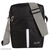 Black polyester cross body sling bag. Solid design, 2 compartments, free size (9x7x3in), made in India