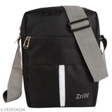Black polyester cross body sling bag. Solid design, 2 compartments, free size (9x7x3in), made in India
