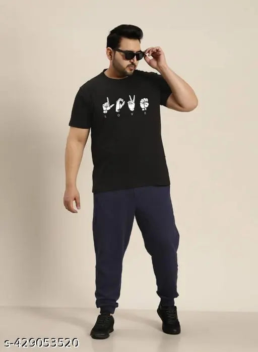 Soft cotton plus size graphic round neck T-shirt, perfect for tall men in various sizes: 48in, 50in, 52in, 54in, 56in, and 58in. Breathable, versatile, easy to care for, and designed for all-day comfort