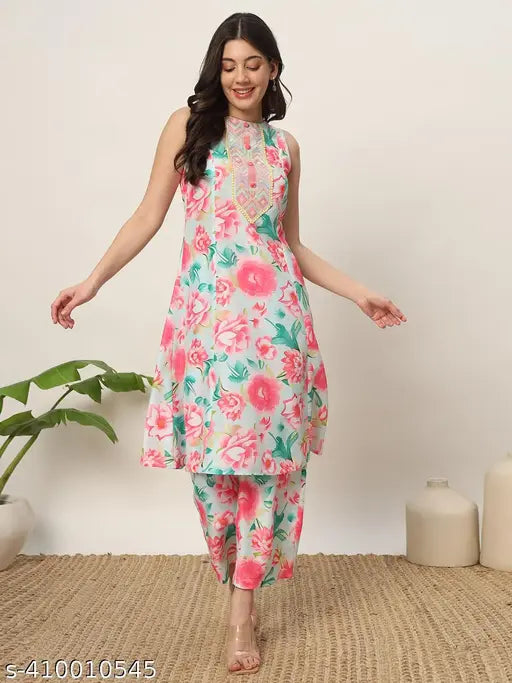 Pink cotton blend A-Line kurta set with palazzos, detailed floral print, India origin