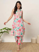 Pink cotton blend A-Line kurta set with palazzos, detailed floral print, India origin