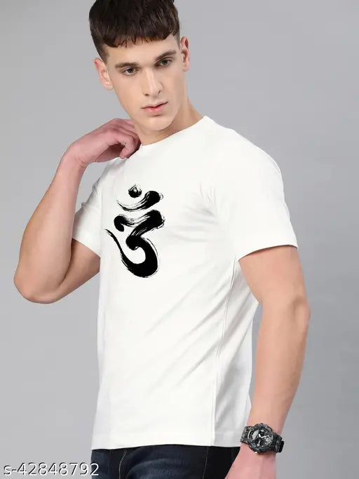 Colourful Threads Om graphic printed round neck half sleeve white 100% cotton men's t-shirt - premium quality, perfect gym wear, long-lasting color