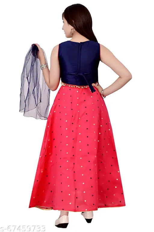 Pink & Silver Silk Blend Polka Dot Lehenga Choli and Net Dupatta for Girls, Indian ethnic wear