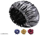 Grey satin sleep cap bonnet with adjustable size and 3 free scrunchies, double-layered reversible design for protection and moisture absorption