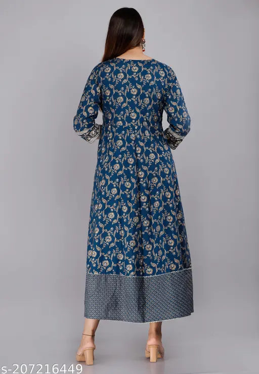 Blue rayon embroidered Anarkali kurti with three-quarter sleeves and printed combo, women's fashion from India