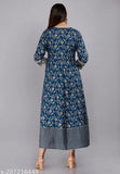 Blue rayon embroidered Anarkali kurti with three-quarter sleeves and printed combo, women's fashion from India