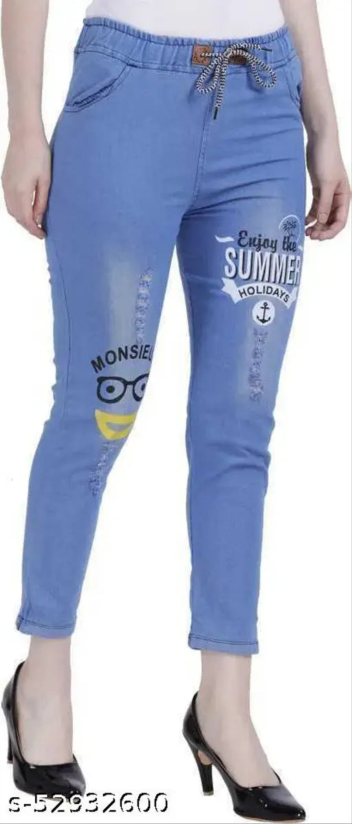 Light blue dyed/washed denim jegging with three color print. Semi-stretchable for enhanced comfort. Size N: Waist 28in, Hip 30in, Length 34in