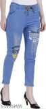 Light blue dyed/washed denim jegging with three color print. Semi-stretchable for enhanced comfort. Size N: Waist 28in, Hip 30in, Length 34in