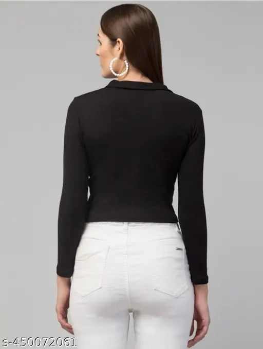 Casual black cotton-blend long sleeves top for women, solid design, available in S, M, L, XL. Similar pink version also available for sizes XS to L. Comfortable, soft fabric made in India