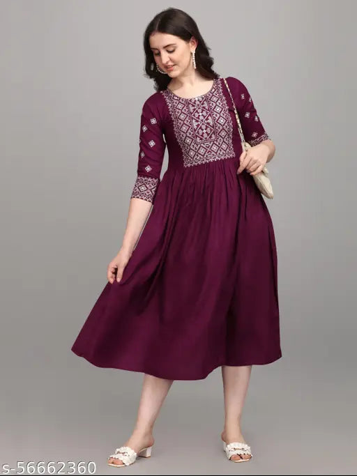 Embroidered rayon three-quarter sleeve Jolly Wine kurti, stylish Indian fashion wear for any season