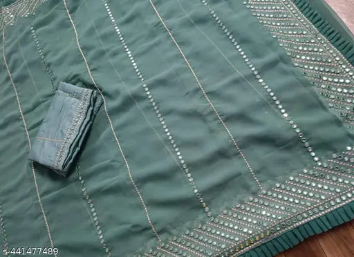 Exquisite Georgette 9mm Sequin & Zari Work C Pallu Sari with Boluse in Latest Trending Design, India origin