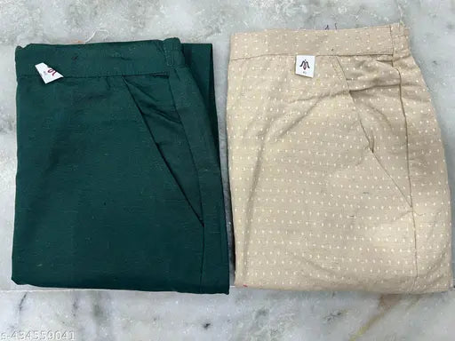 Solid cotton women's pants (T-BG), M & L sizes, featuring side pockets. Made in India