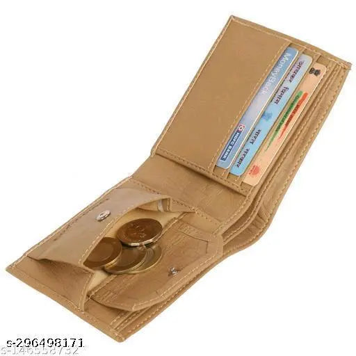 Beige PU leather men's casual wallet (12 card slots), durable design with additional photo/card sleeves for a stylish accessory