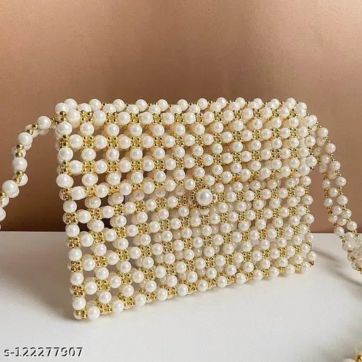 High quality artificial pearl, beaded shoulder/crossbody bag for women. Luxury white design, unique, classic vintage style, ideal for daily use or travel. Made in India, 7.5in x 0.75in x 5.1in (19cm x 2cm x 13cm), 280g weight