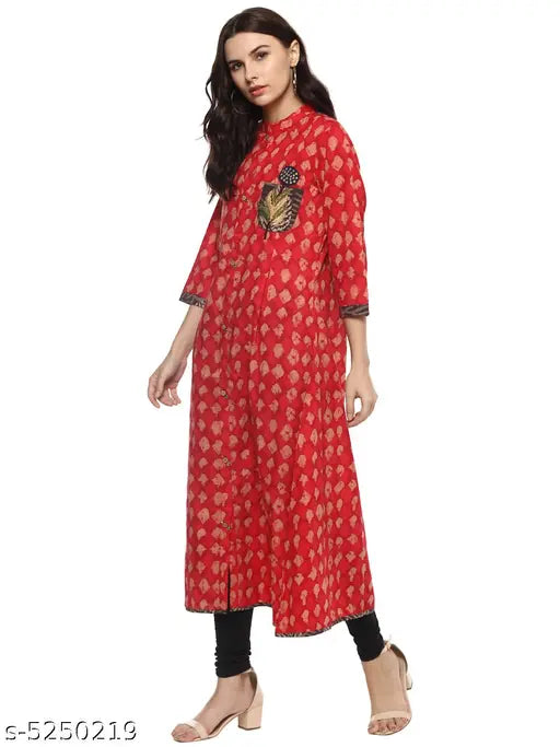 Abstract printed cotton flared kurti, three-quarter sleeves, vibrant Indian fashion