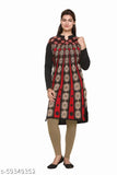 Black wool A-line self-design kurti with long sleeves and printed pattern, women's winter wear on mannequin. Sizes: S (38in bust, 42in length), M (40in bust, 42in length), L, XL, XXL. Origin: India