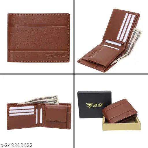 Faux leather bi-fold wallet for men by JnD, featuring 3 card slots, 1 coin pocket, and self-designed name compartment. Durable, elegant, and perfect for gifting