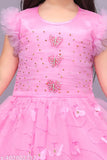 Pink net knee-length dress for girls, embellished, sleeveless, A-line silhouette, India